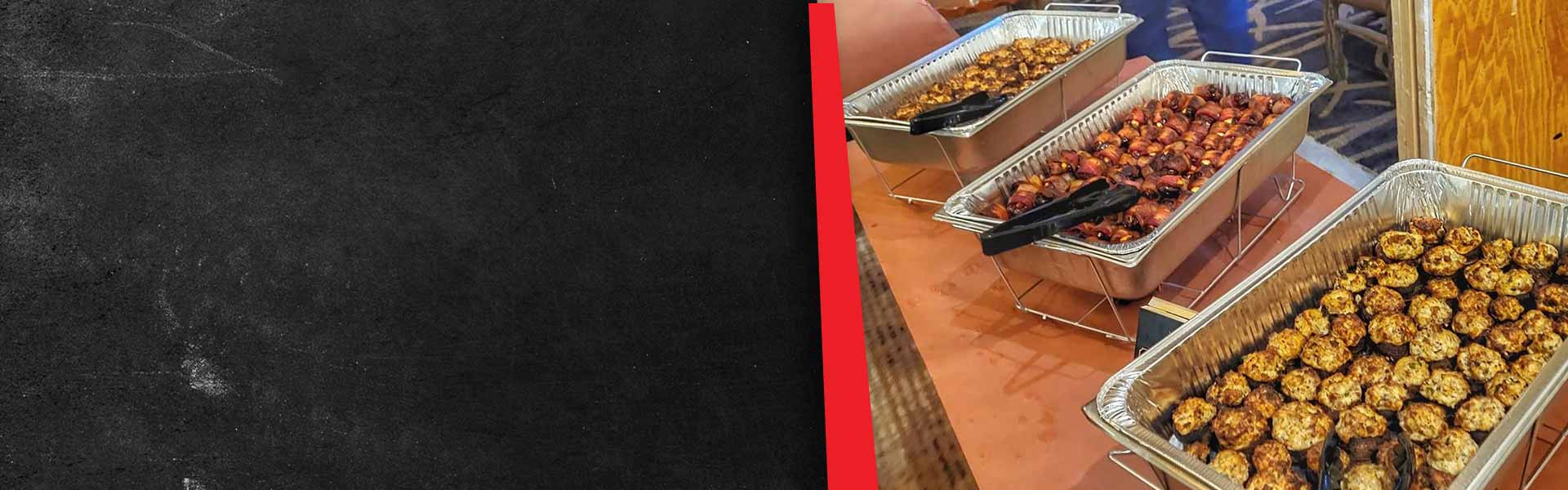 Three trays of hot food, including meatballs, on a buffet table with serving tongs.