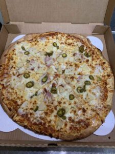 Hawaii pizza with jalapenos from Gorski's in Mosinee Wisconsin.