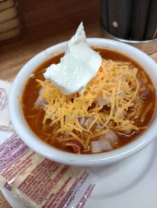 Chili with sour cream and cheese from Gorski's in Mosinee Wisconsin.