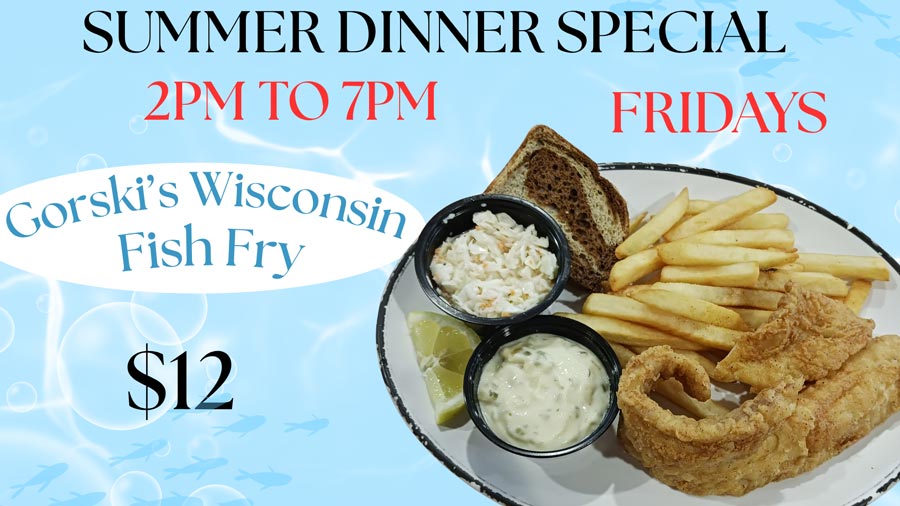 Plate with fried fish, fries, coleslaw, rye bread, and lemon—featured on Gorski's menu tonight.