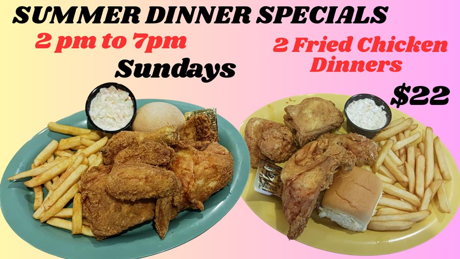 Two plates of fried chicken dinners from Gorski's menu; Sunday special for $22.