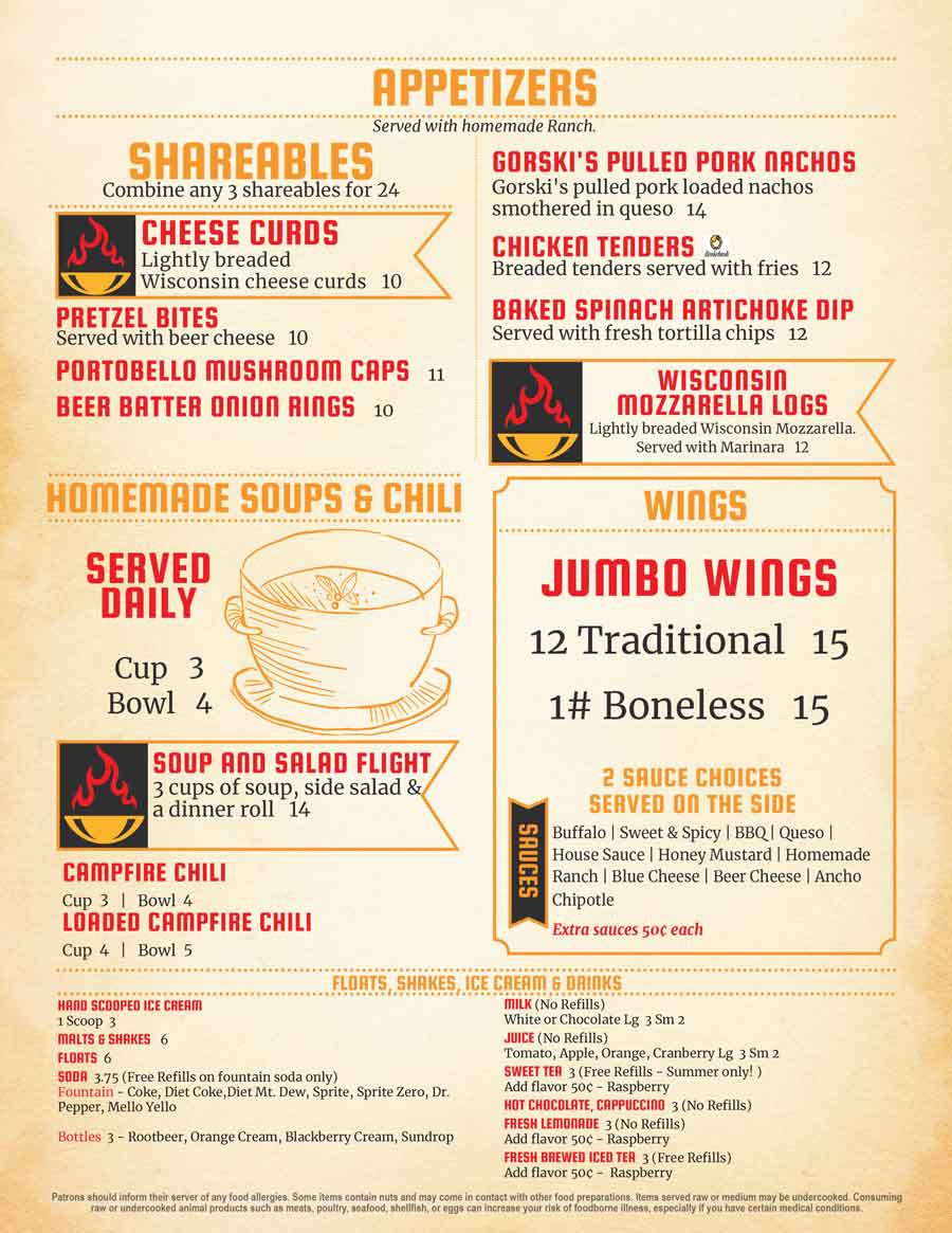 Gorski's menu page featuring appetizers, soups, chili, and wings with prices and descriptions.