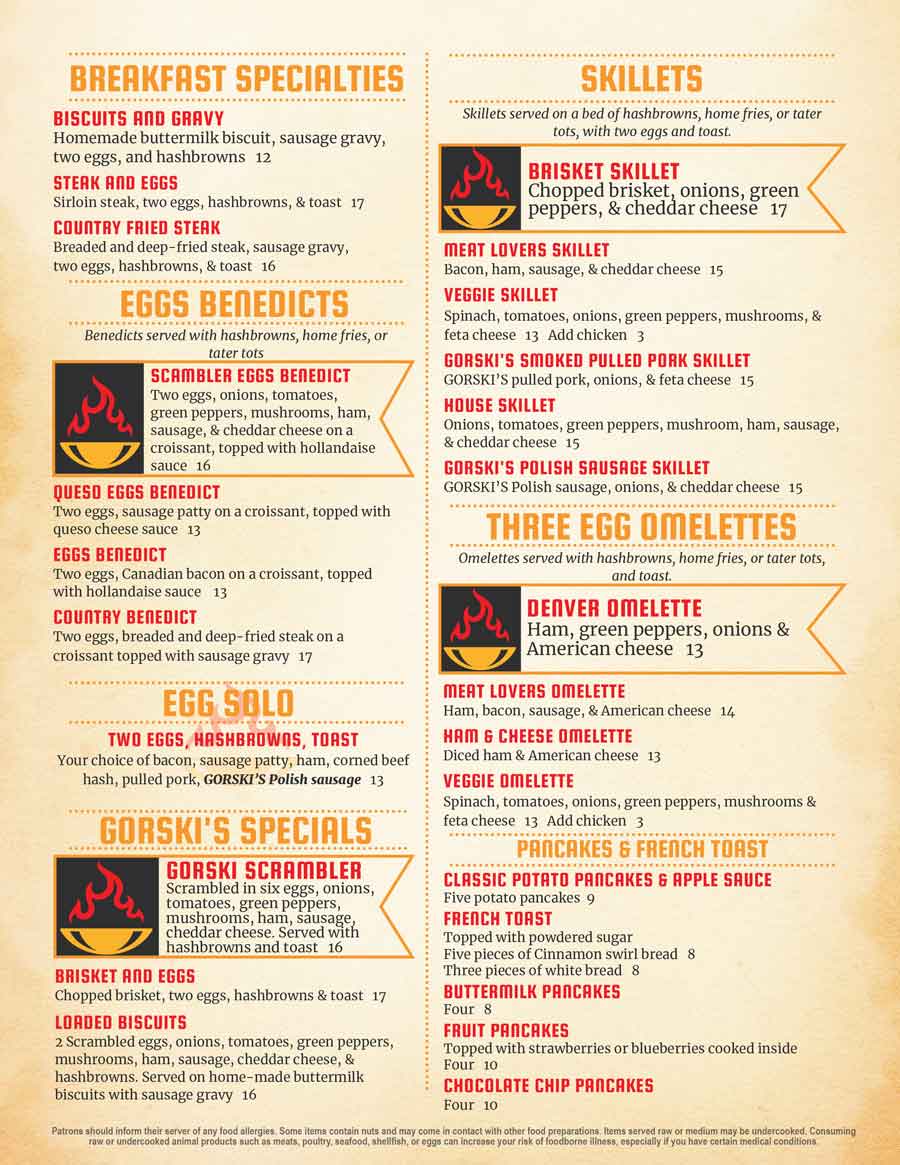 Menu page features Gorski's menu of breakfast items, skillets, omelettes on a tan background.