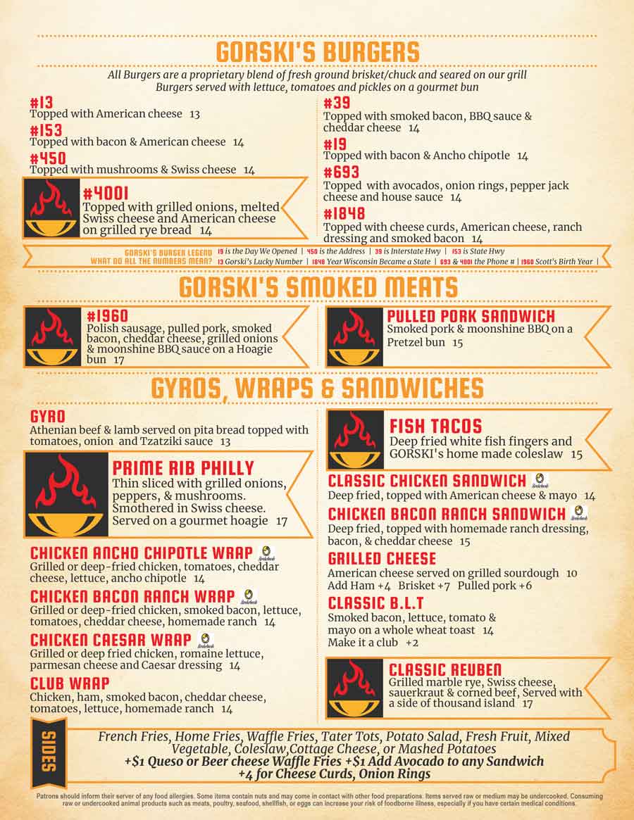 Explore Gorski's menu with burgers, smoked meats, gyros, wraps, sandwiches, and tasty sides.