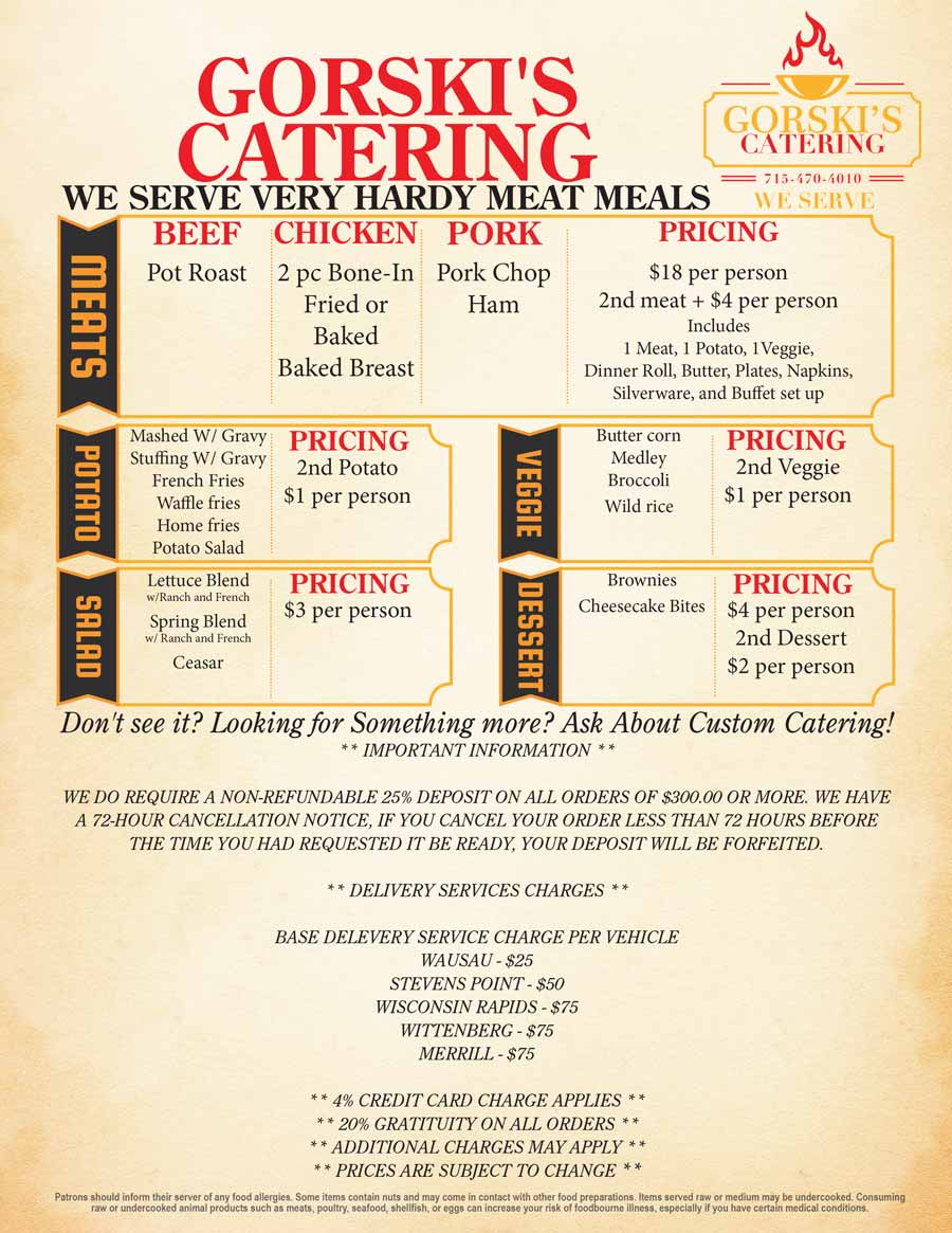 Catering menu listing meat, potato, vegetable, and dessert options with prices and details.