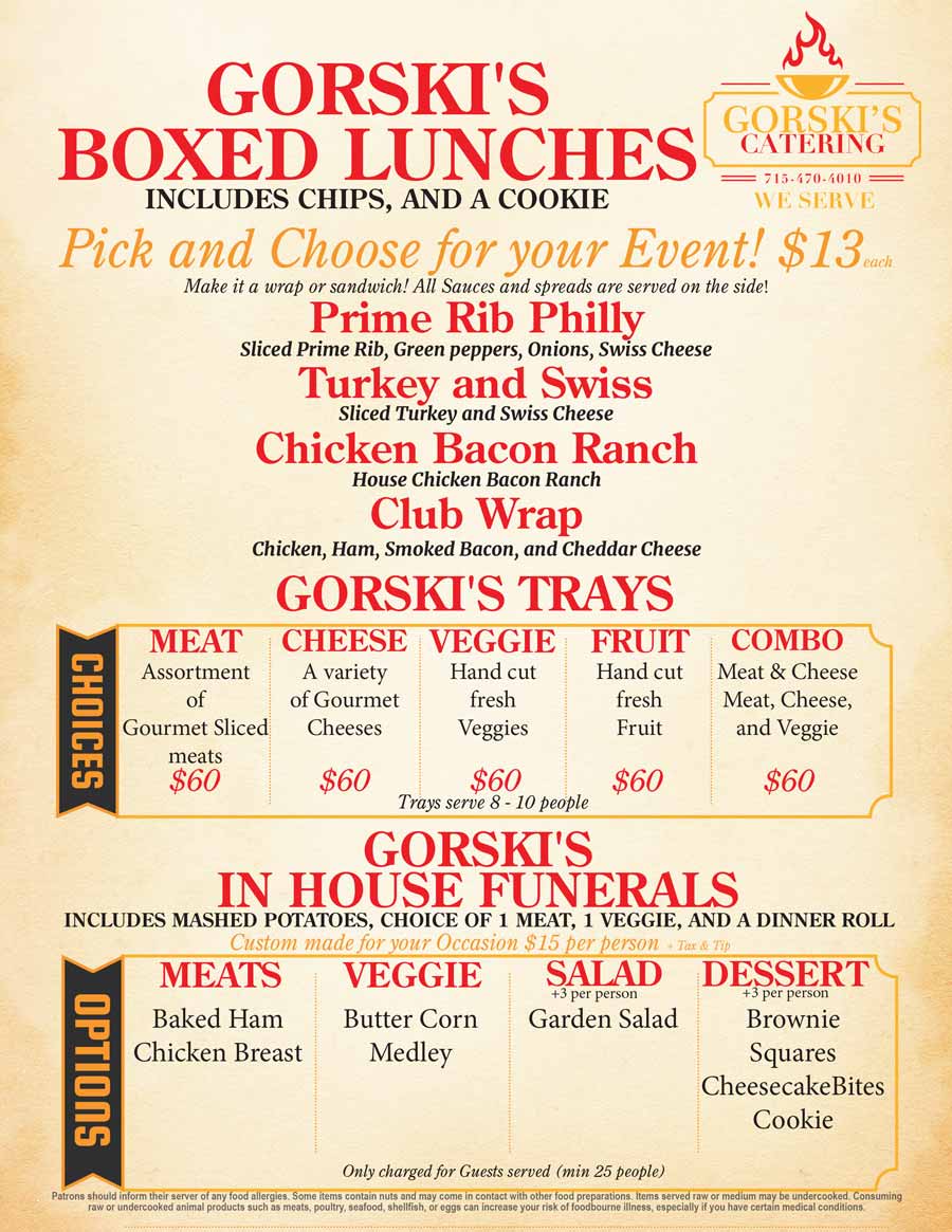 Menu for Gorskis Boxed Lunches and In House Funerals with meal, salad, and dessert options.