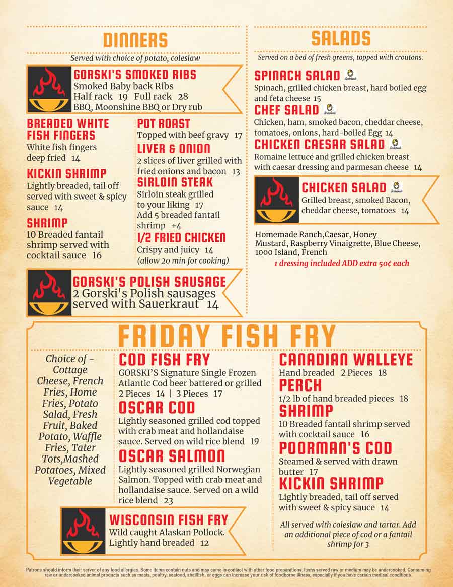 Gorski's menu features dinners, salads, and Friday fish fry options with detailed descriptions.