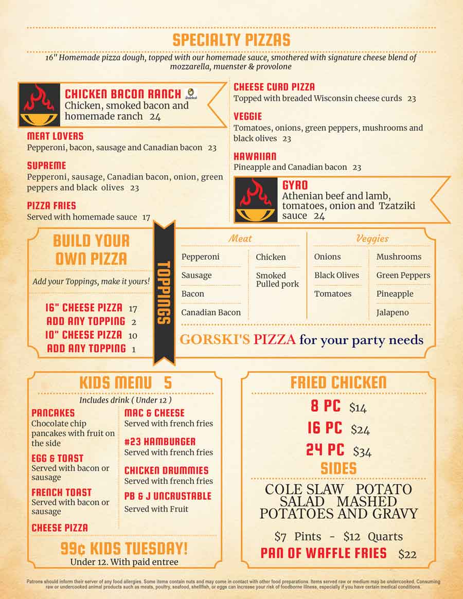 Explore Gorski's menu for specialty pizzas, sides, kids meals, and prices on a tan background.