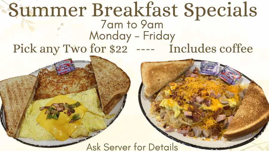 Enjoy breakfast plates from Gorski's menu—toast, hashbrowns, eggs, and coffee special offer.