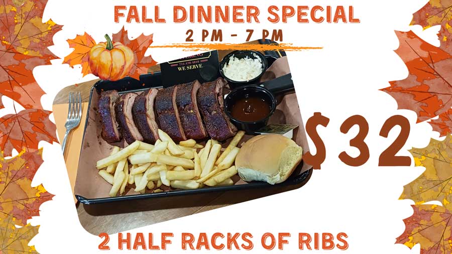 Fall dinner special on the Gorski’s menu: $32 for two half racks of ribs, fries, a roll, and sides.